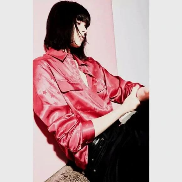 Equipment x Tabitha Simmons Star Print Satin Shirt Size XS Hot Pink Button Front - Picture 9 of 9